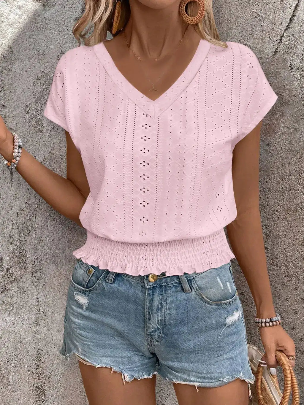 Eyelet V-Neck Short Sleeve Blouse.