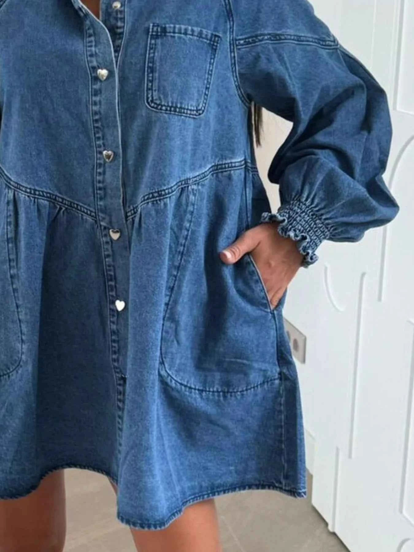 Button Down Mini Denim Dress with Front Pockets