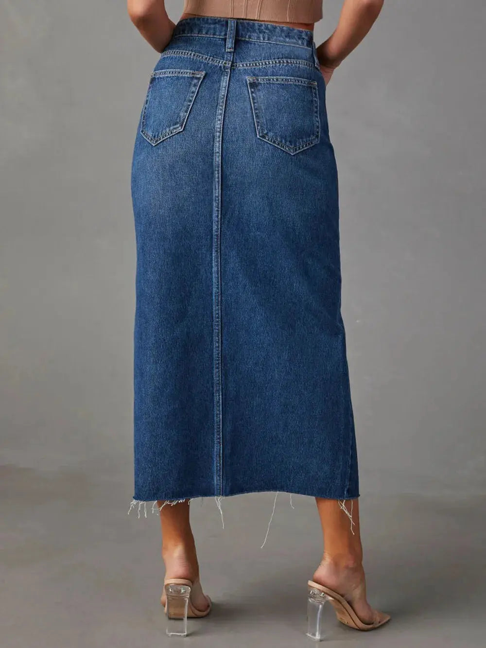 Raw Hem Front Slit Denim Midi Skirt.