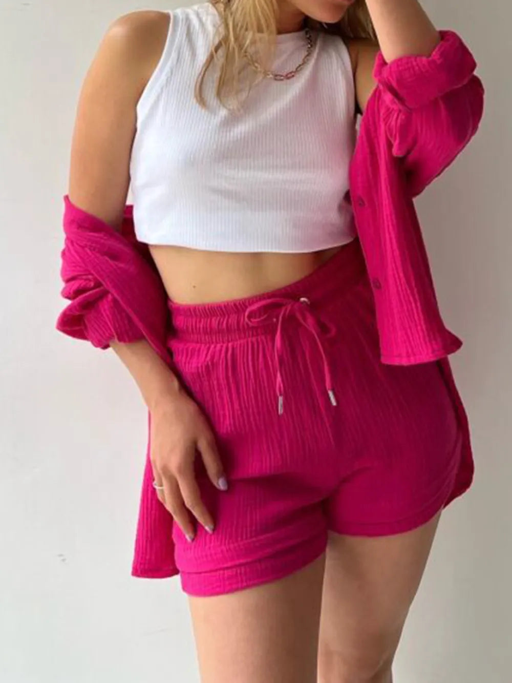 Texture Button Up Shirt and Drawstring Shorts Set - CHIC TB