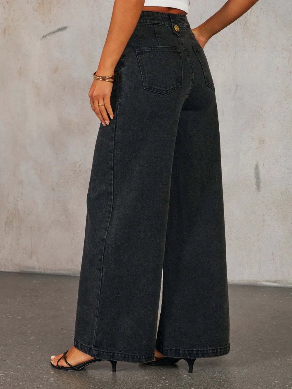 Button Decor High Rise Wide Leg Jeans.