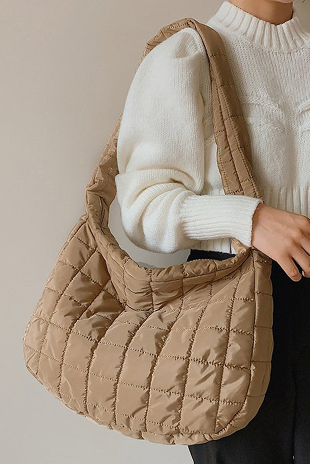 Light French Beige Quilted Zipper Large Shoulder Bag Dear-Lover Dropshipping