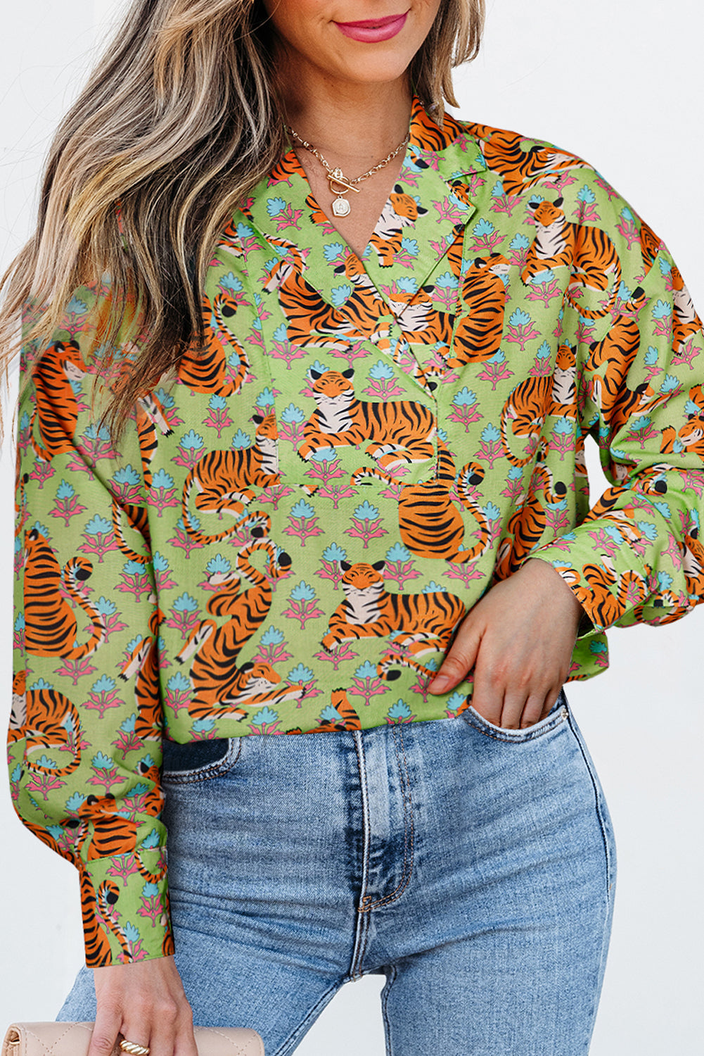 Green Tiger Floral Printed Collared V Neck Casual Shirt Dear-Lover Dropshipping