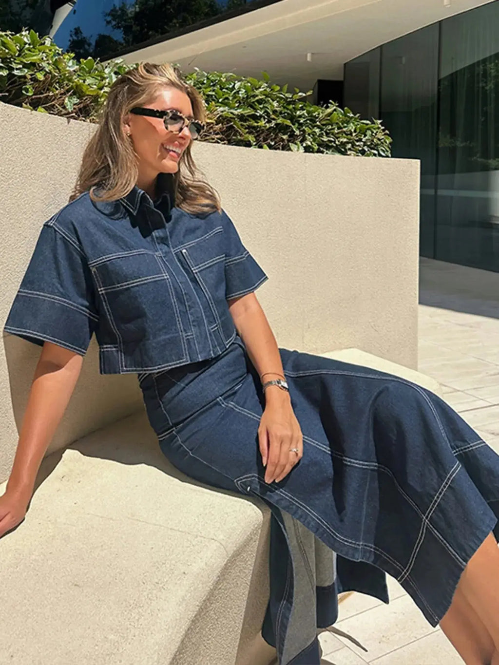 High-Waist Side Slit Contrast Stitch Denim Maxi Skirt.