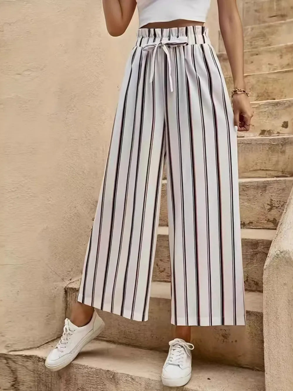 Tied waist Striped Wide Leg Pants for women.