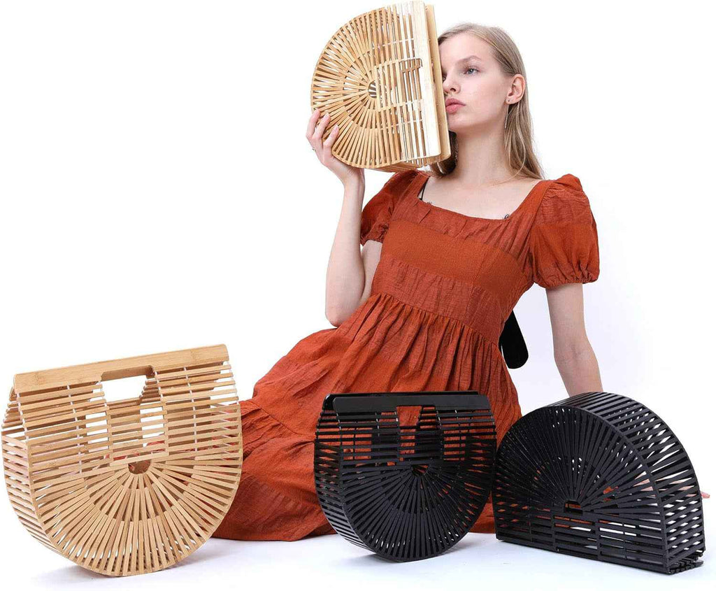 Miuco Womens Bamboo Handbag Handmade Large Tote Bag Straw Beach Bags Beach Purse Size