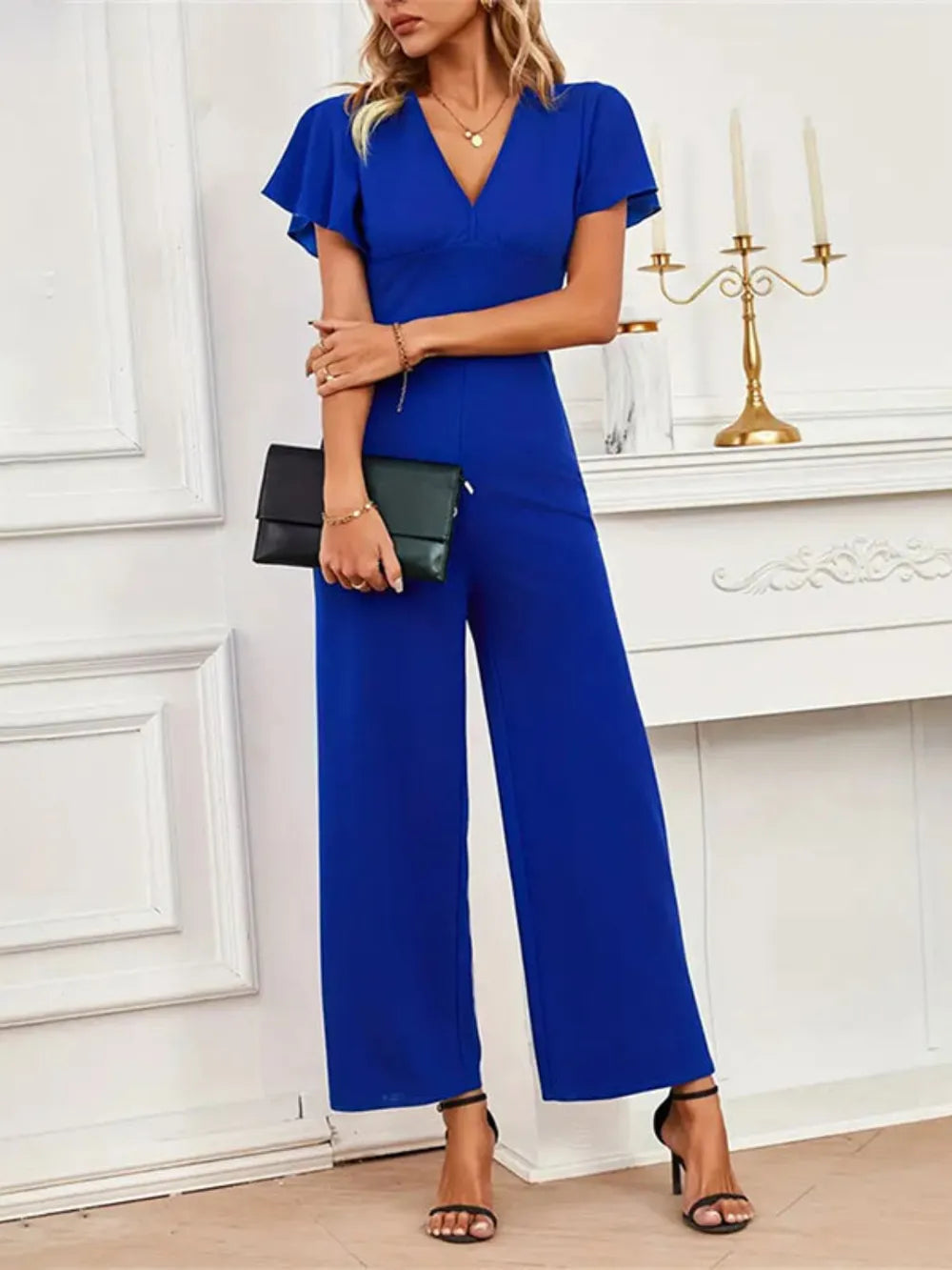 V-Neck Flutter Sleeve Jumpsuit - CHIC TB