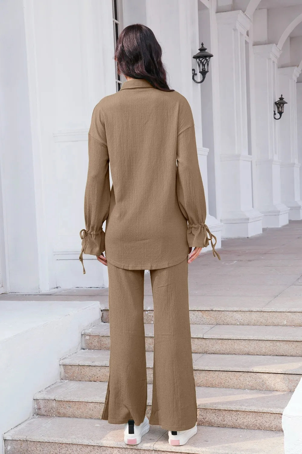 Drawstring Flounce Sleeve Shirt and Pants Set - CHIC TB