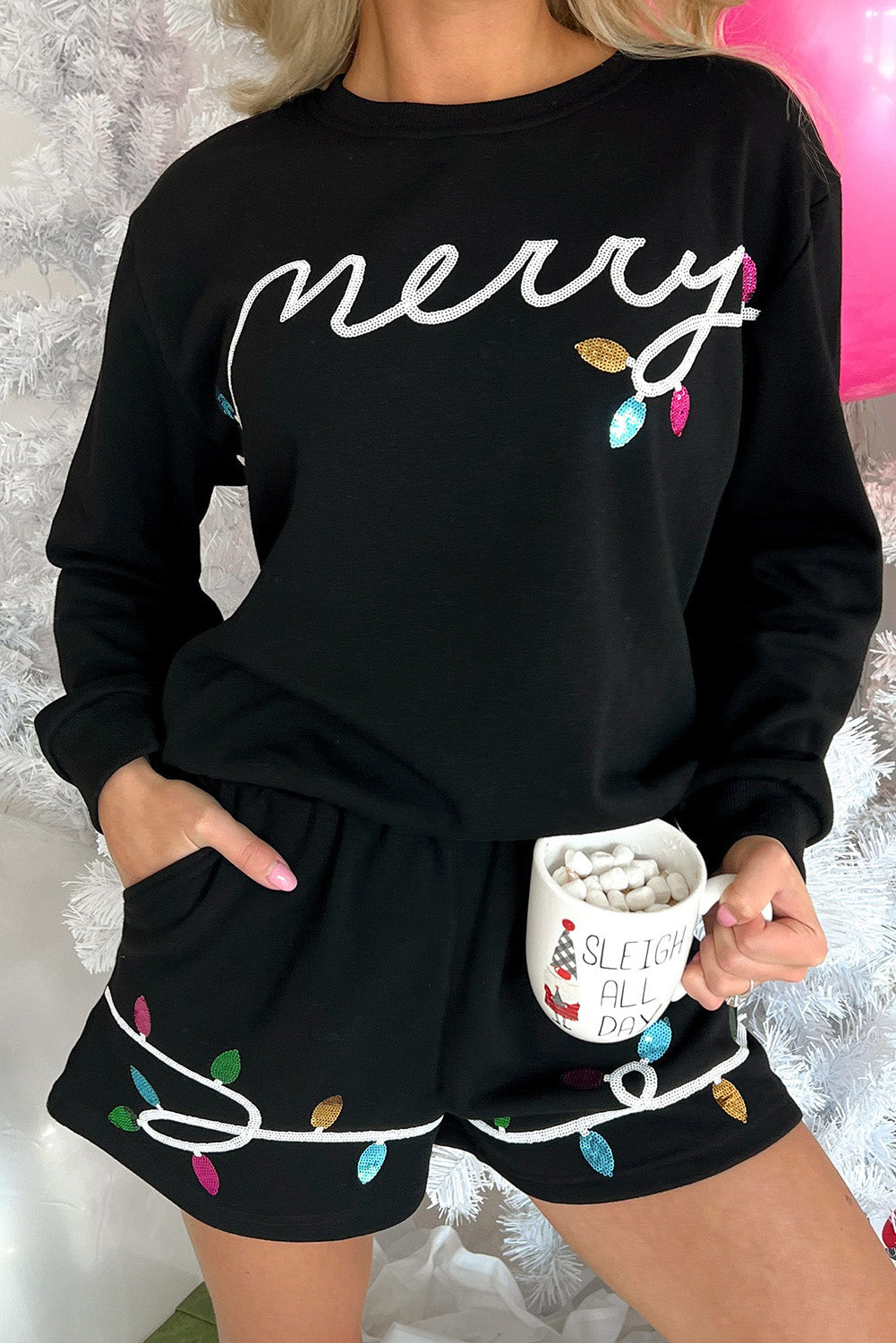 Black Sequin Merry Graphic Pullover and Shorts Outfit Dear-Lover Dropshipping