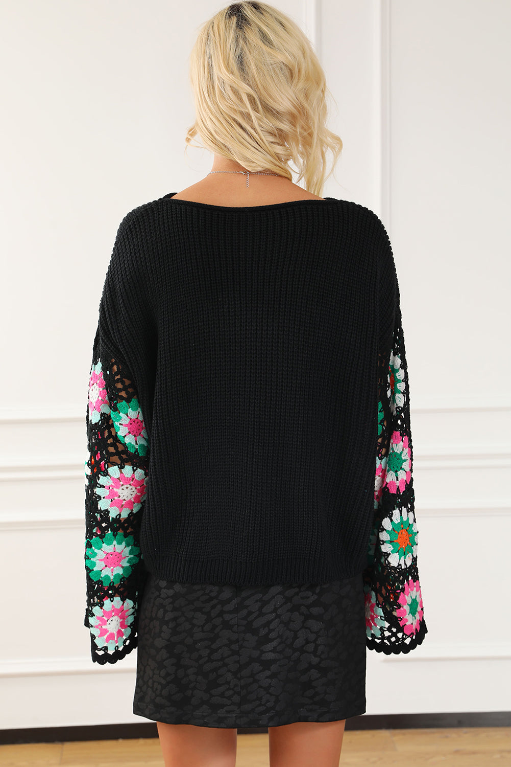 Black Floral Crochet Bell Sleeve Loose Sweater Dear-Lover Dropshipping