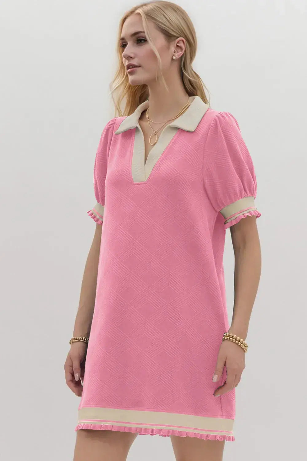 Oh Frill Contrast Trim Johnny Collar Short Sleeve Mini Dress.