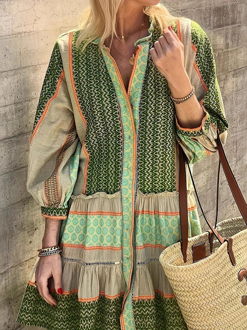 Printed Button Front Long Sleeve Dress.