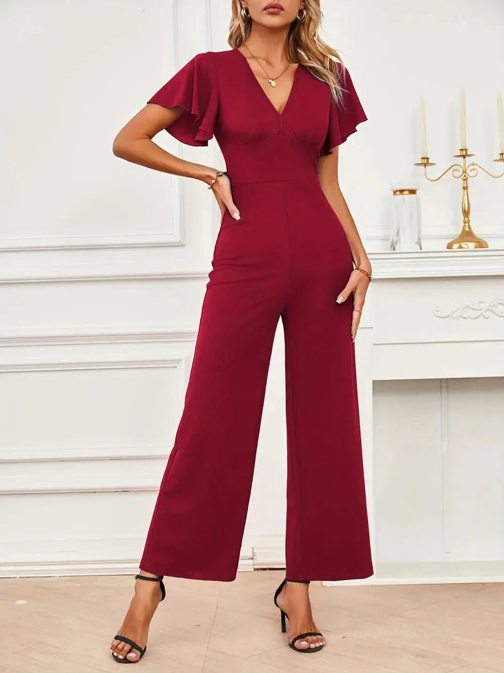 V-Neck Flutter Sleeve Jumpsuit.