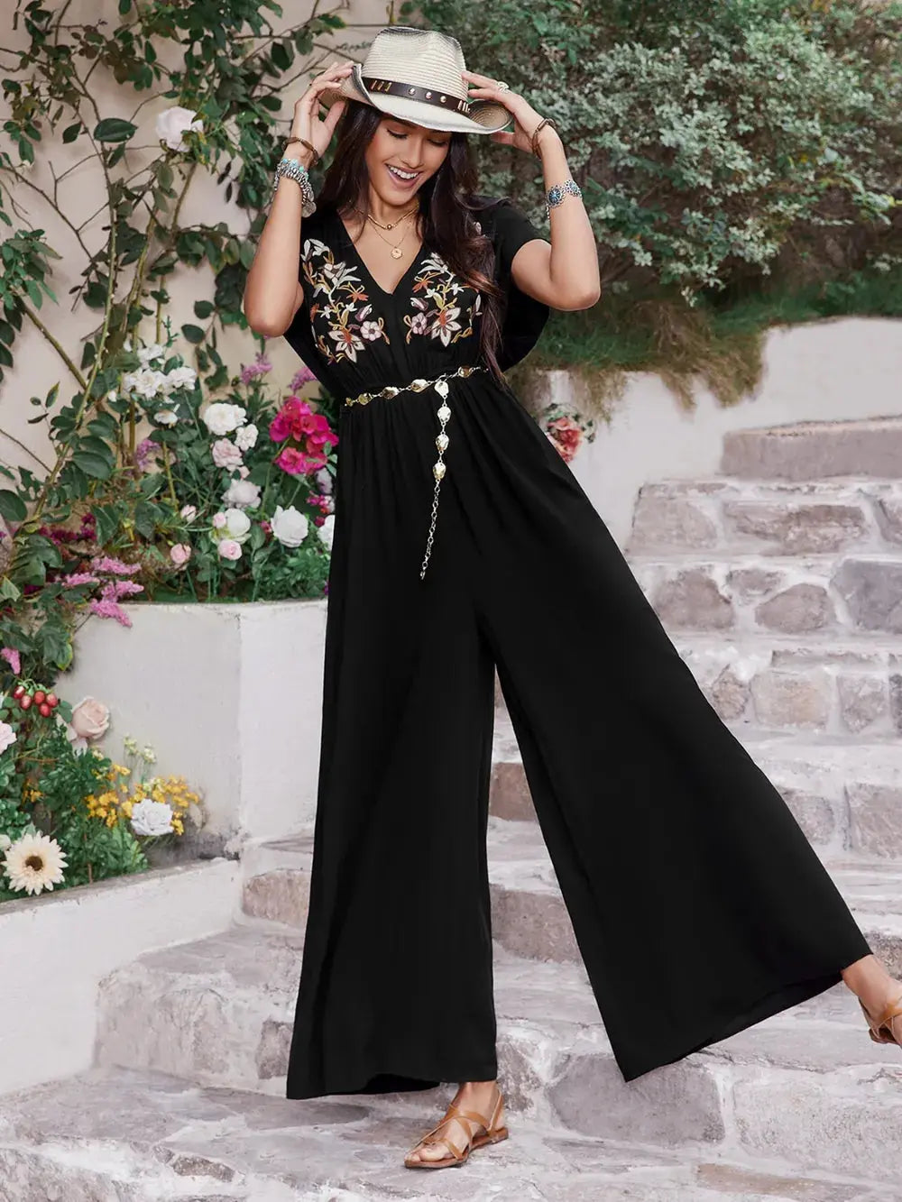 Embroidered Ruched Short Sleeve Jumpsuit.