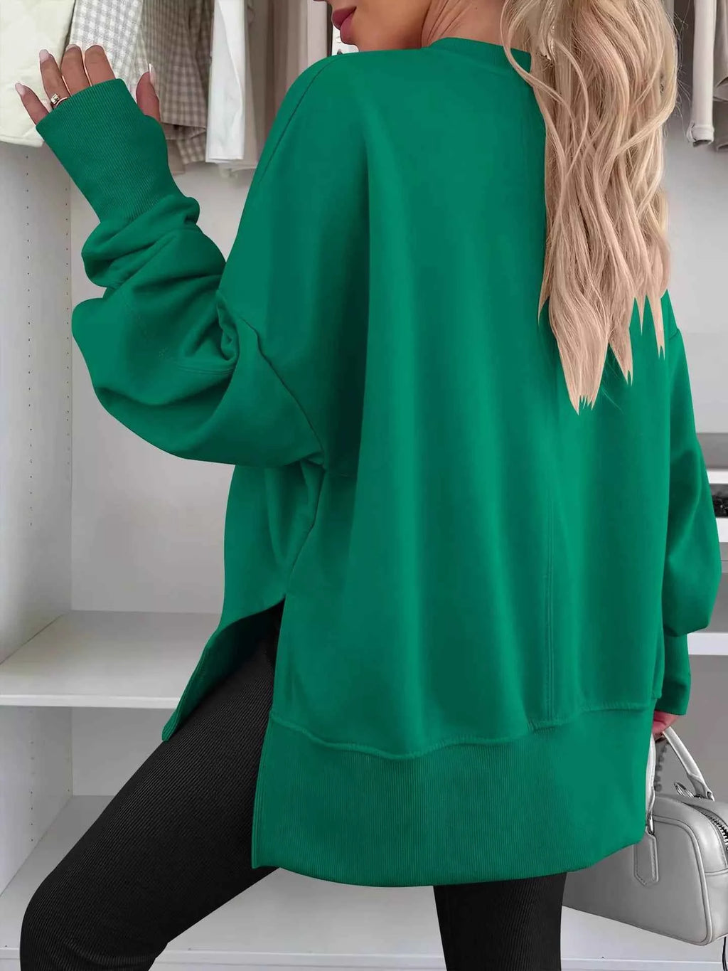 Side Slit Round Neck Long Sleeve Sweatshirt