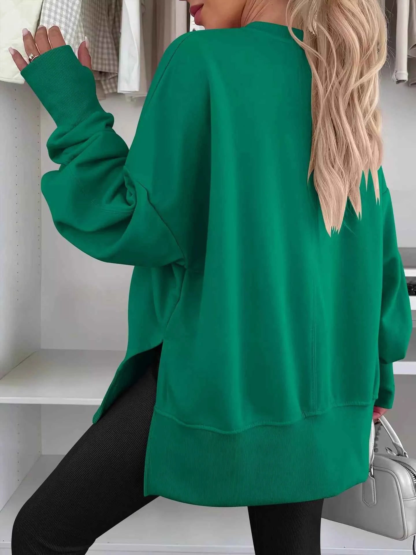Side Slit Round Neck Long Sleeve Sweatshirt