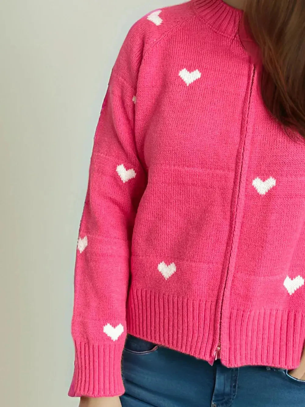 Heart Round Neck Zip Up Cardigan.