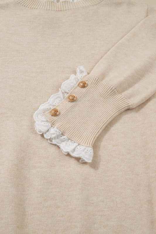Lace Trim Patchwork Buttoned Cuff Sweater