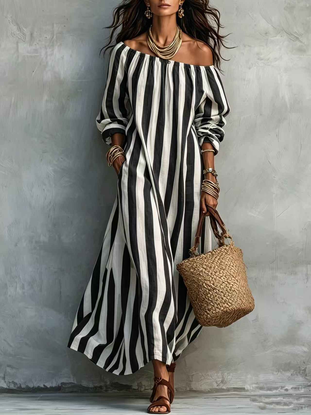 Striped Off Shoulder Vacation Dress