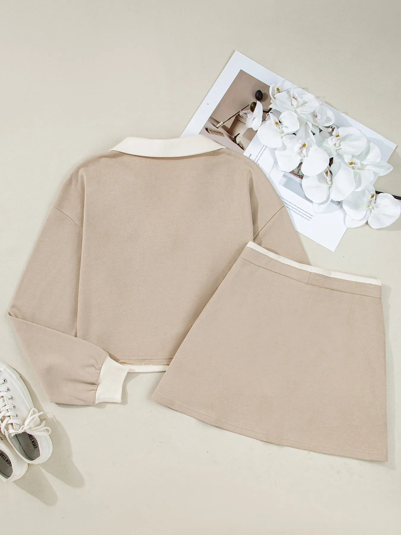 Contrast Collared Neck Top and Drawstring Mini Skirt Set.