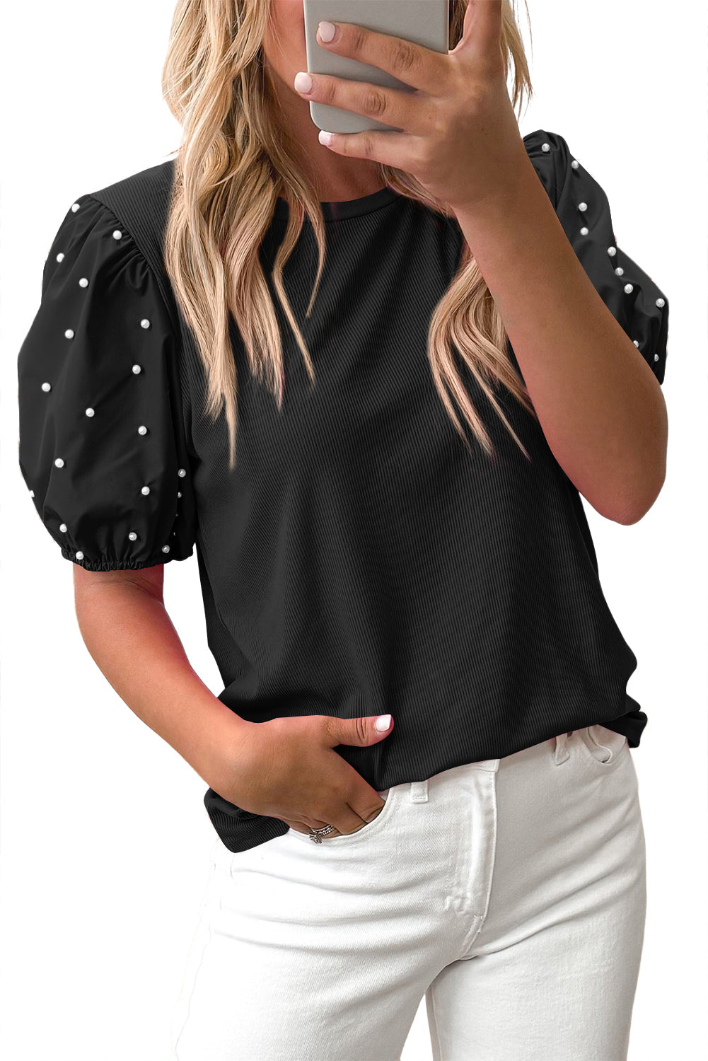 Black Ribbed Pearl Beaded Puff Sleeve Top Dear-Lover Dropshipping