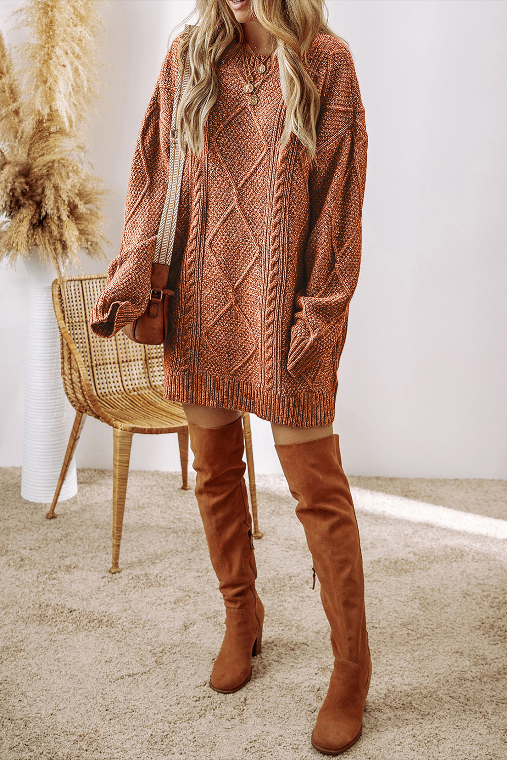 Coffee Cable Knit Drop Shoulder Loose Fit Sweater Dress Dear-Lover Dropshipping