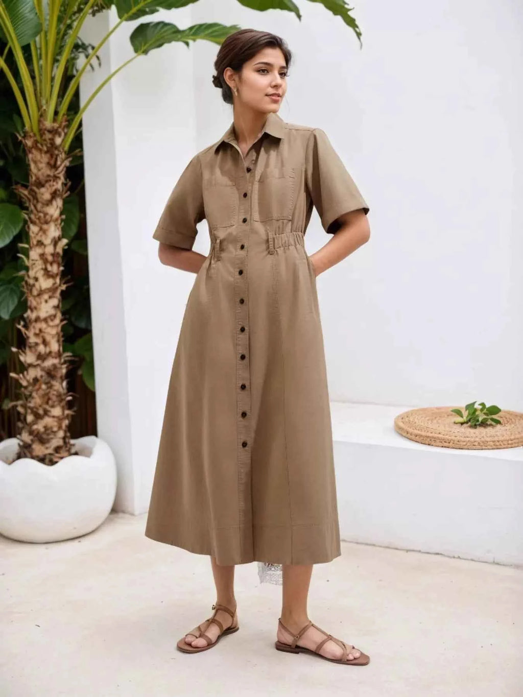 Button Front Short Sleeve Shirt Dress.