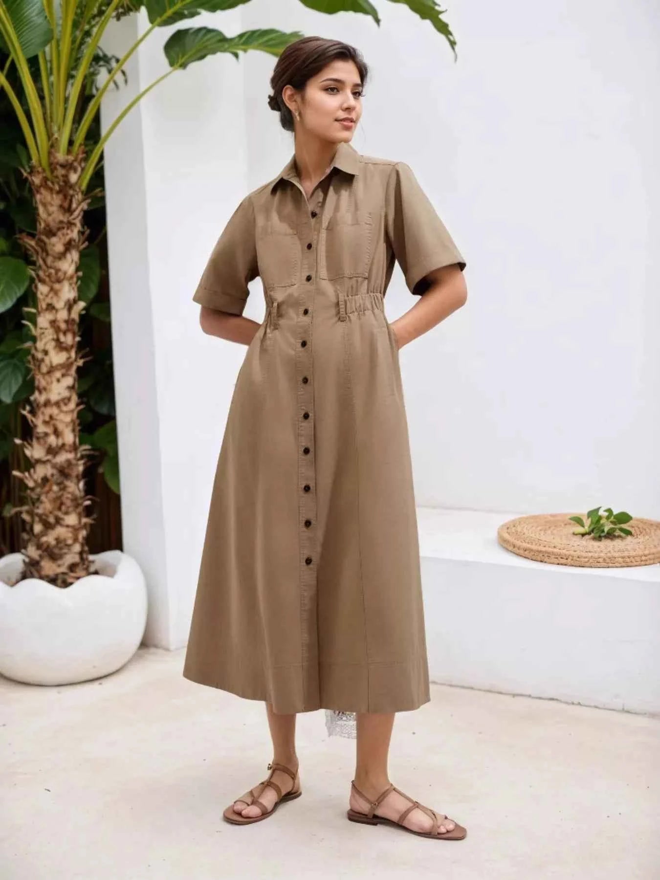 Button Front Short Sleeve Shirt Dress.