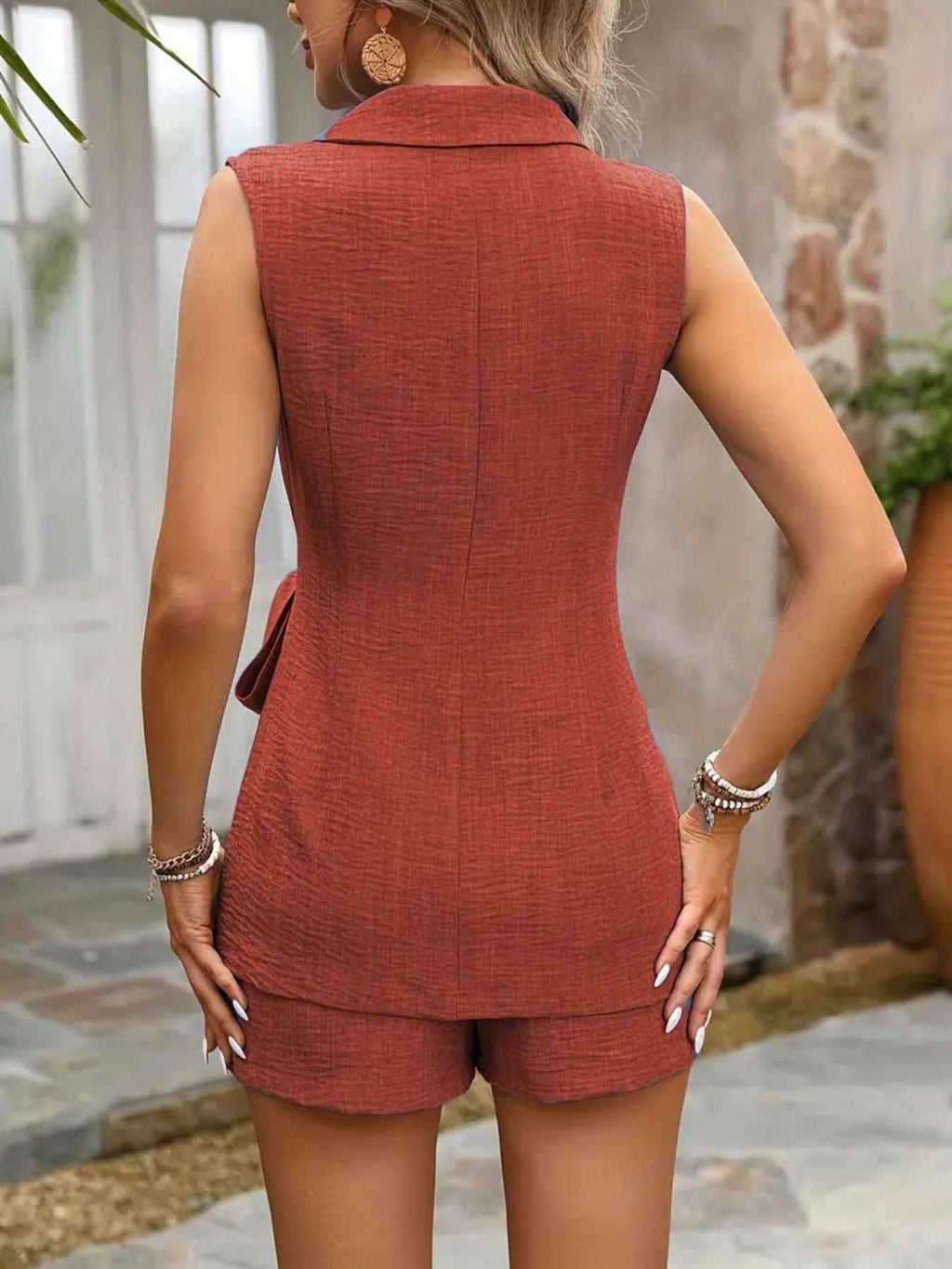 Sleeveless Blazer & Shorts Set with Tie Waist