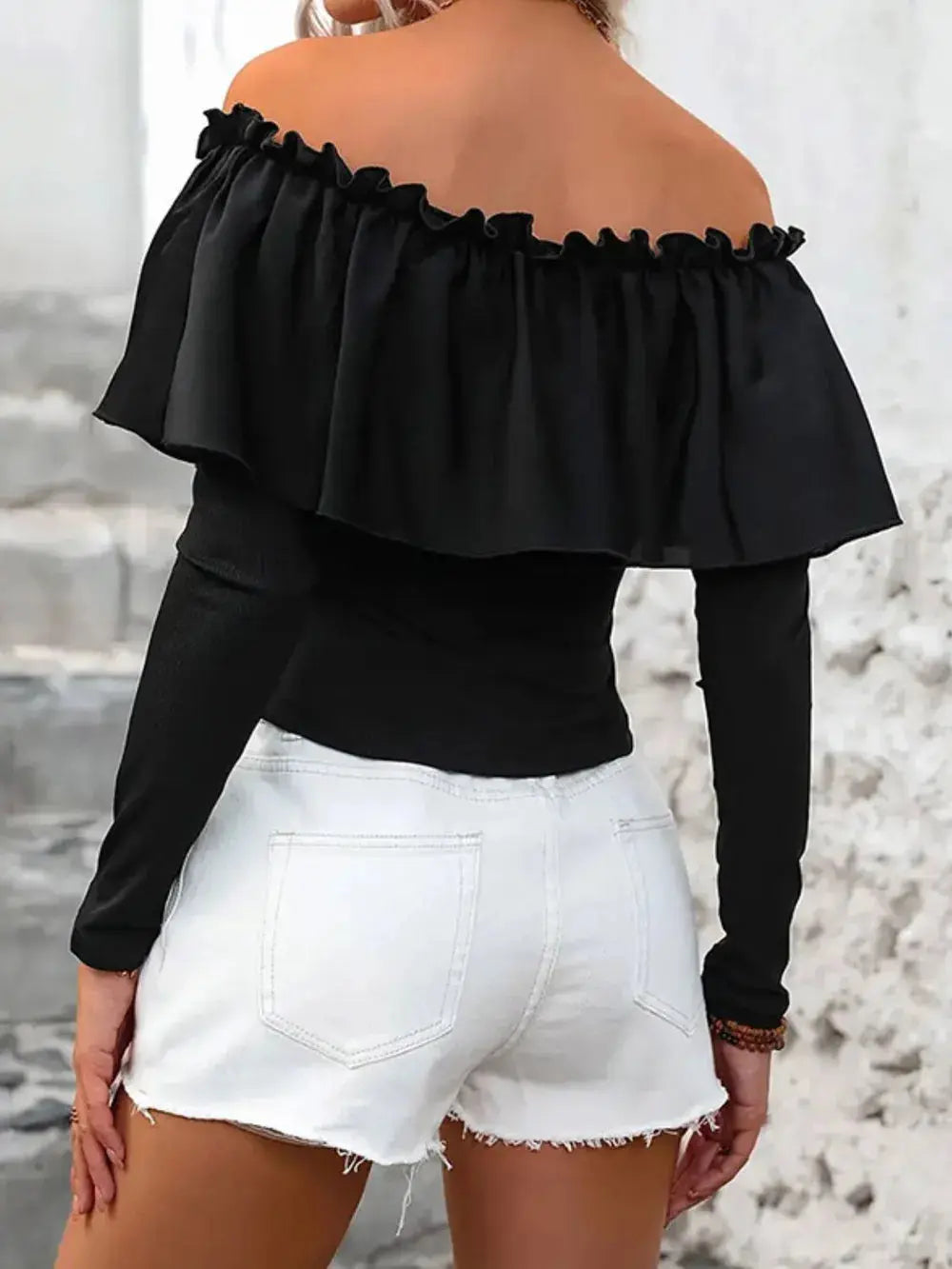 Ruffled Off-Shoulder Long Sleeve Blouse.