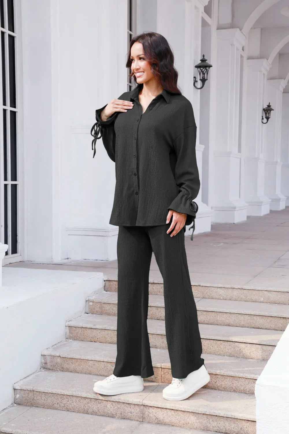 Drawstring Flounce Sleeve Shirt and Pants Set - CHIC TB