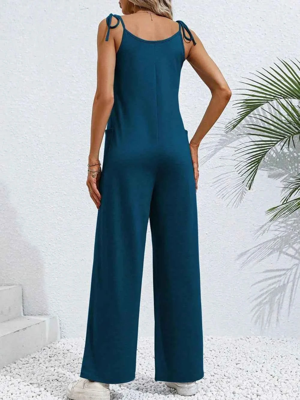 Scoop Neck Tie Shoulder Jumpsuit.