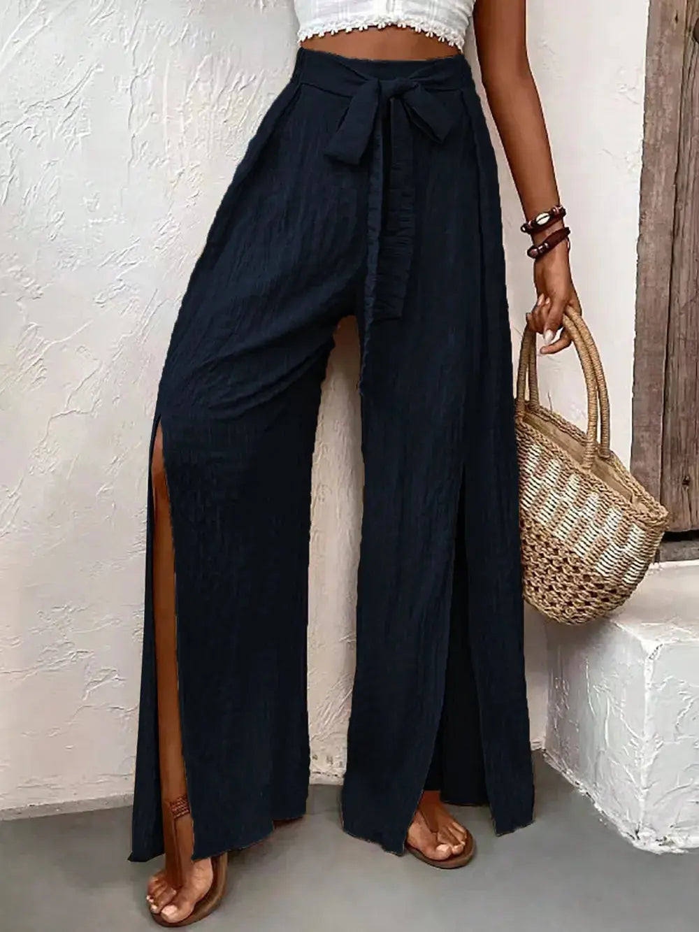 AMAZING Tied Slit Wide Leg Pants WOMEN.