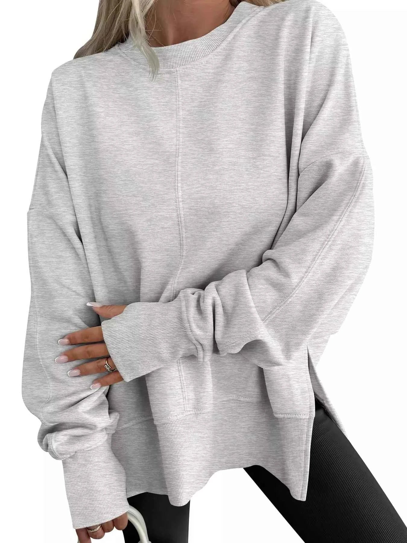 Side Slit Round Neck Long Sleeve Sweatshirt