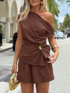 Women One Shoulder Ruched Asymmetrical Cotton Top And Shorts Set