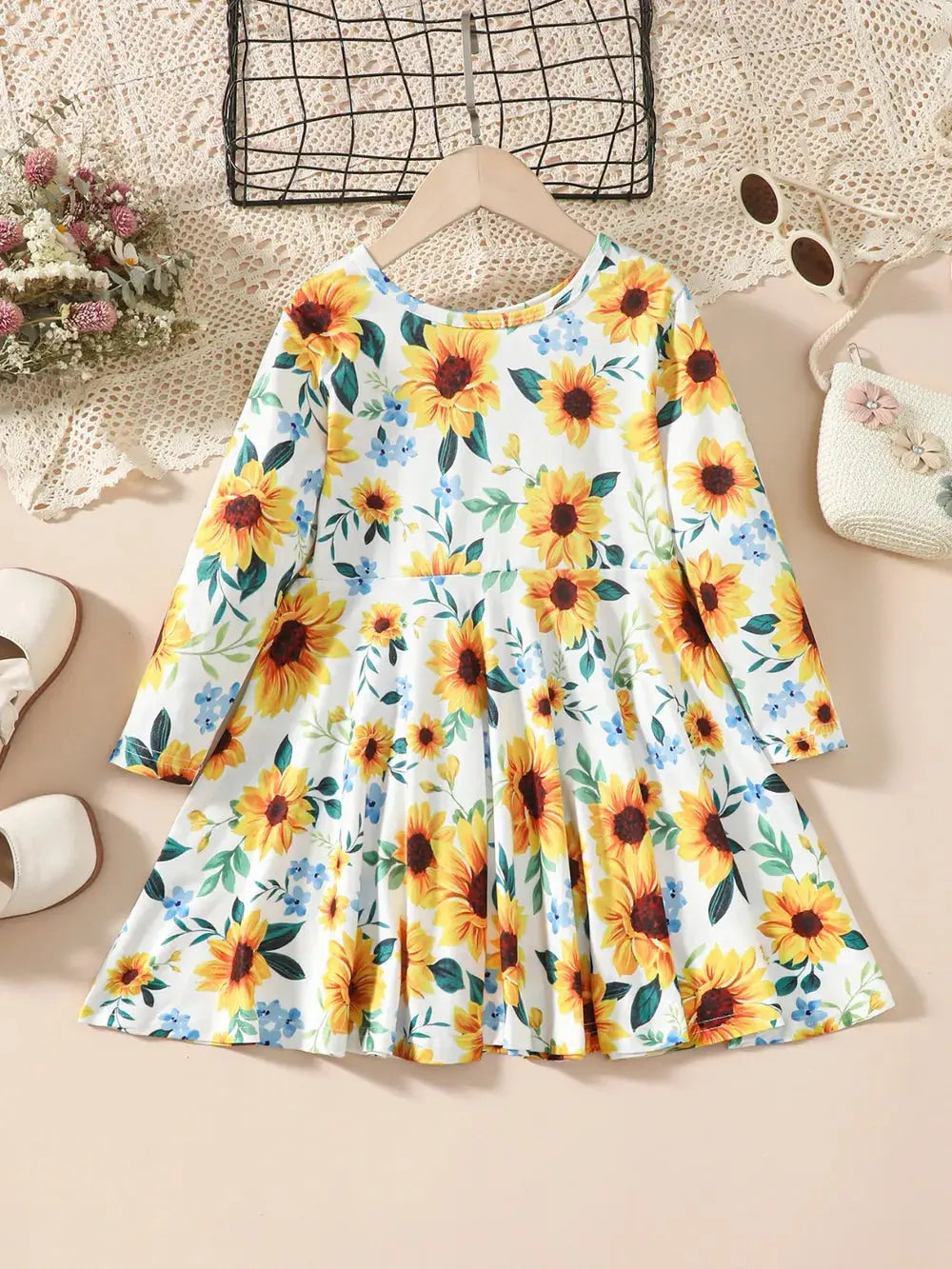 Kids Sunflower Print Round Neck Long Sleeve Dress.