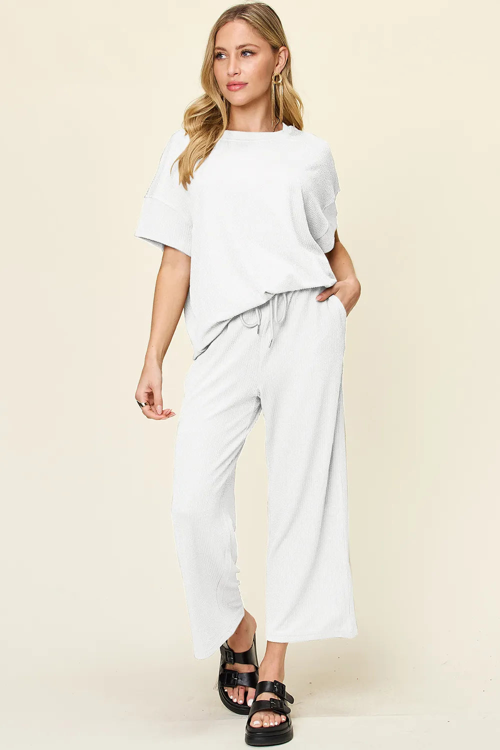 Double Take Full Size Texture Round Neck Short Sleeve T-Shirt and Wide Leg Pants - CHIC TB
