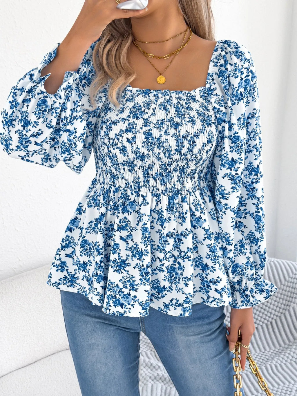 Floral Square Neck Flounce Sleeve Blouse.