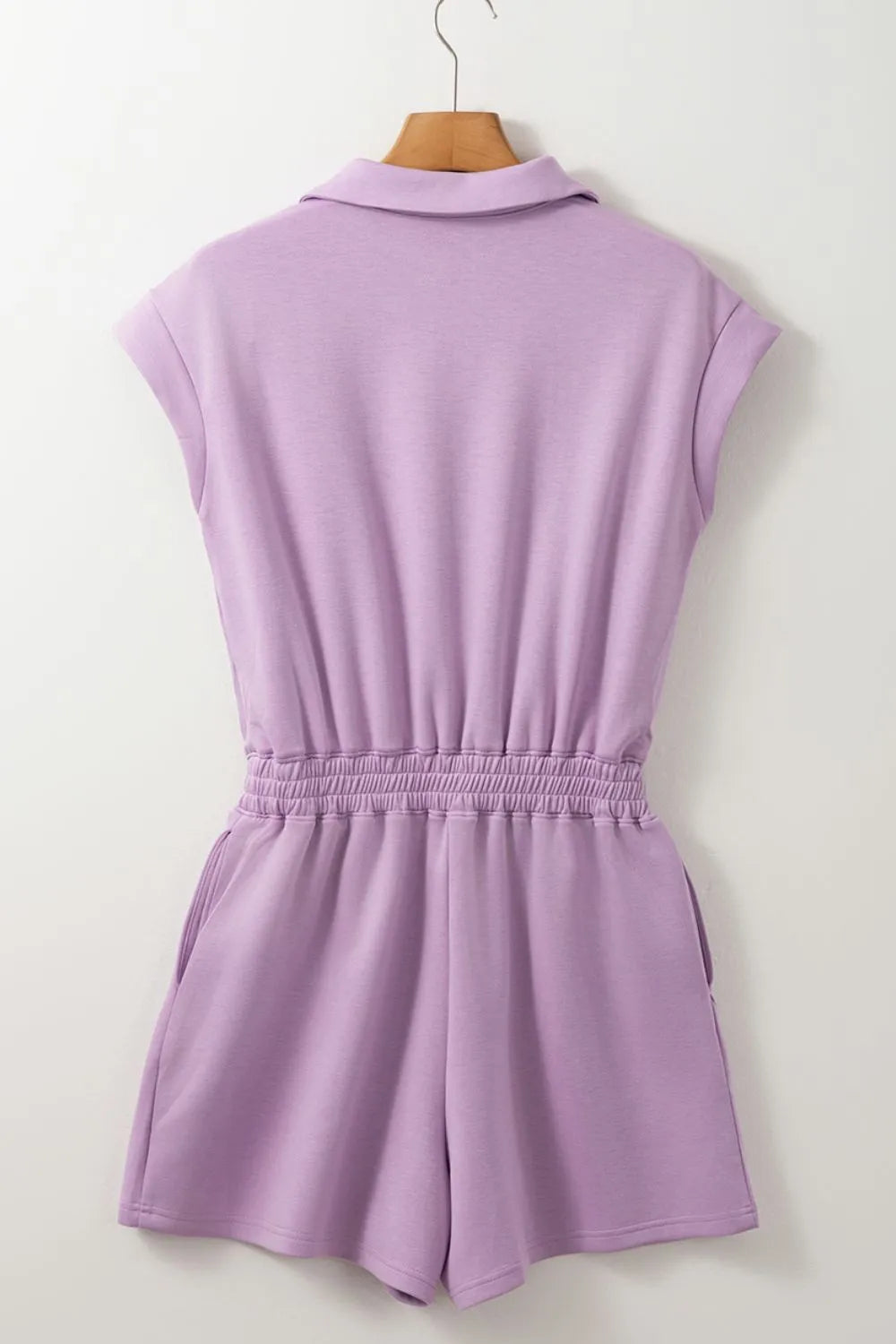 Short Sleeve Zipper Collared Elastic High Waist Romper.