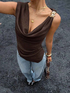 Women Cowl Neck Sleeveless Tank Top Basic Polyester Spandex Shirt