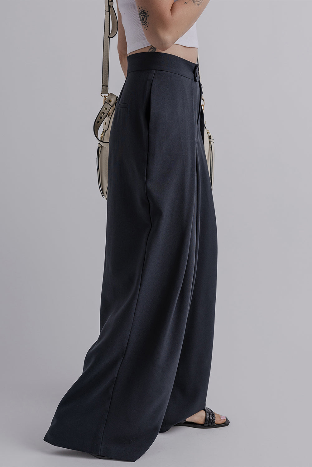 Dirty blue Dual Buttoned High Waist Pleated Wide Leg Pants Dear-Lover Dropshipping