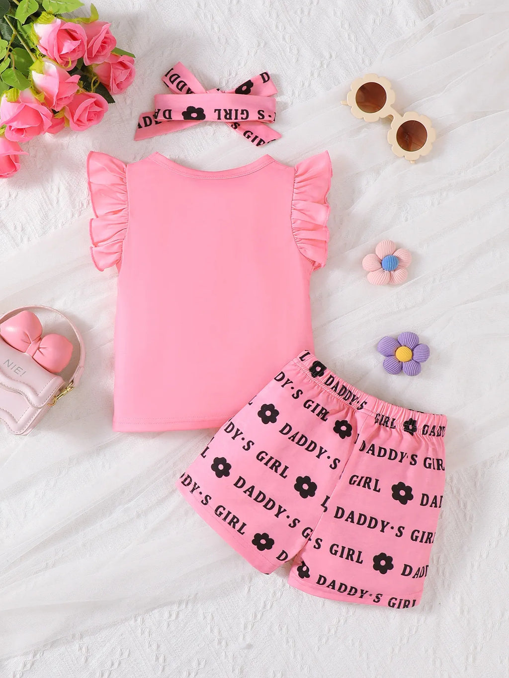 Children's Headband Letter Ruffle Sleeve Top and Shorts 3-Piece Set.