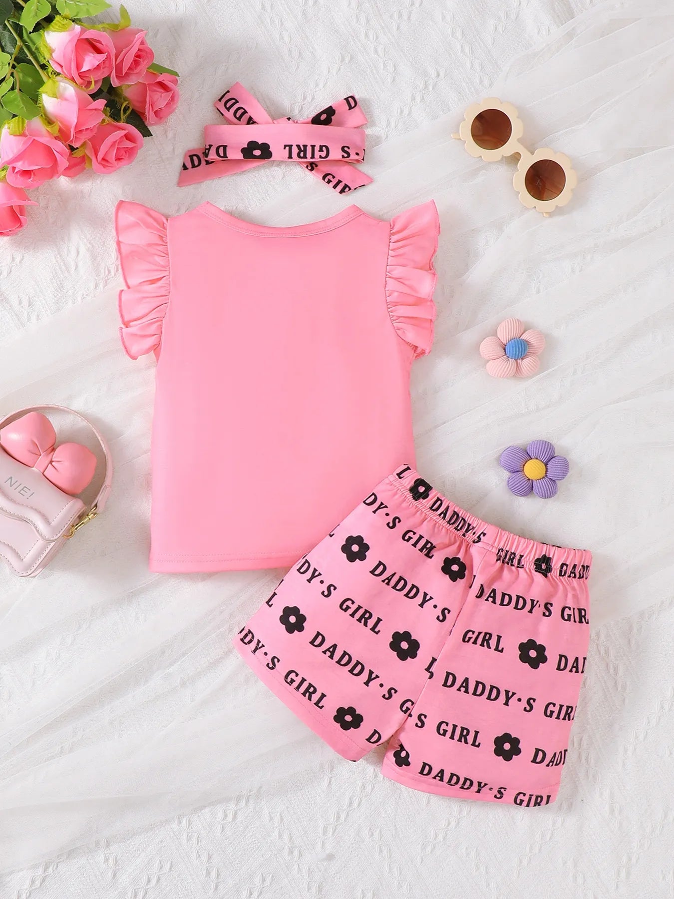 Children's Headband Letter Ruffle Sleeve Top and Shorts 3-Piece Set.
