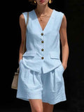 Womens Simple Elegant Cotton-Linen Vest Top And Shorts Two-Piece Set
