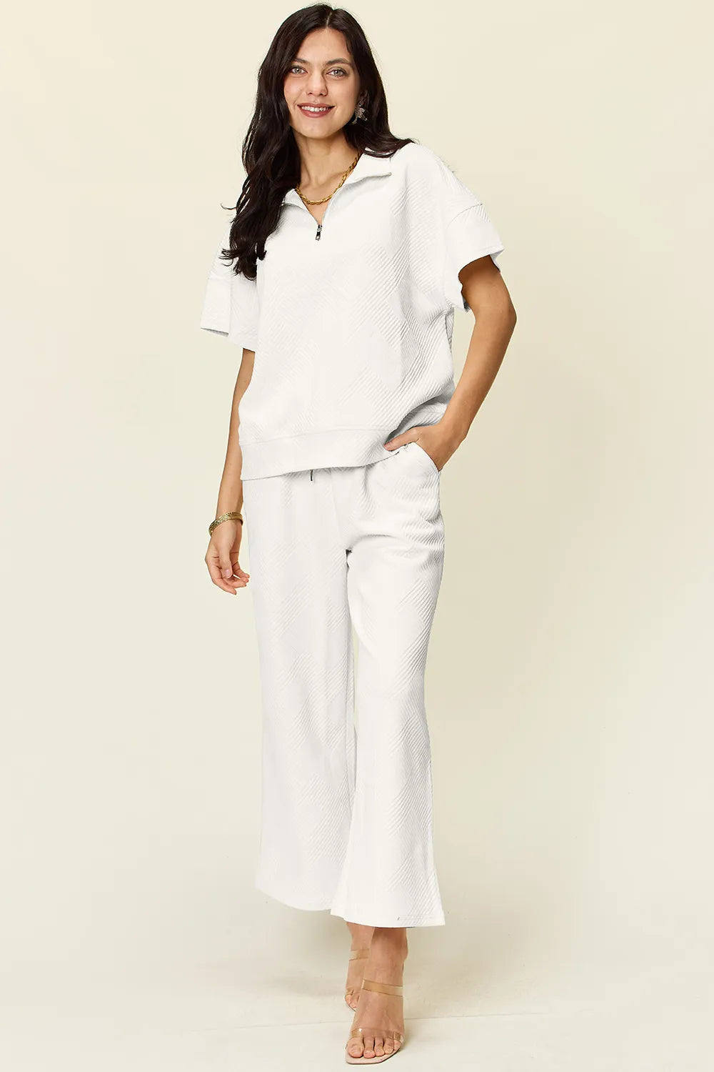 Full Size Texture Half Zip Short Sleeve Top and Pants Set.