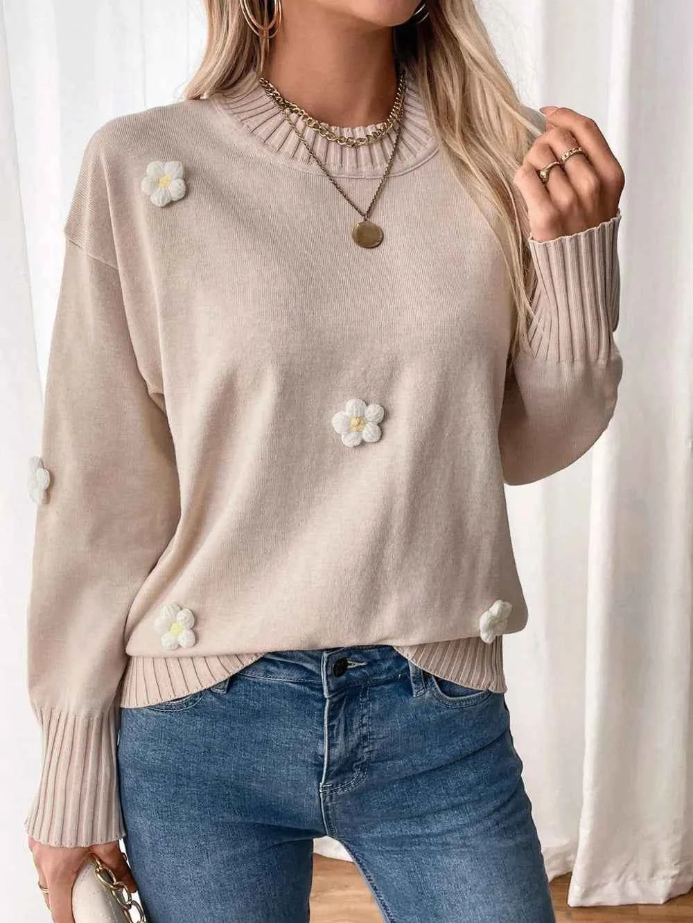 Perfee Flower Round Neck Long Sleeve Sweater
