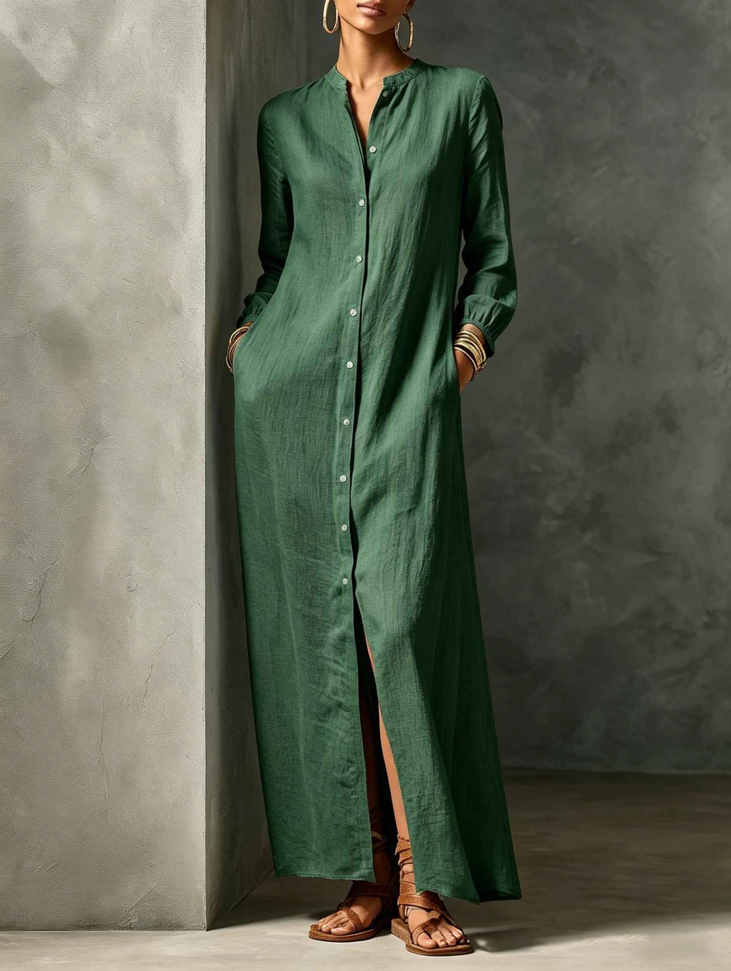 Womens Solid-color Mandarin-collar Long-sleeve Side-slit Pocket Dress