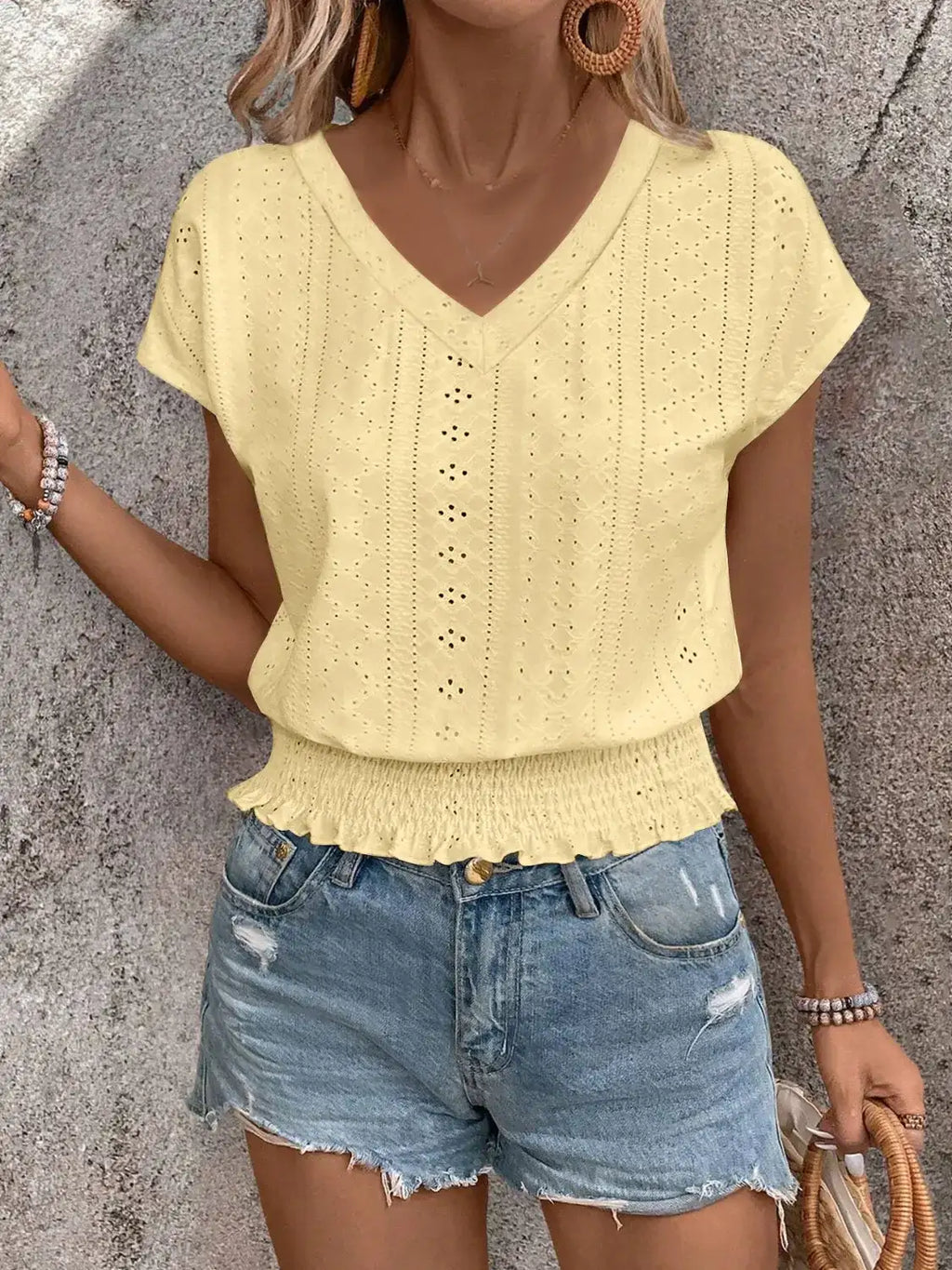 Eyelet V-Neck Short Sleeve Blouse.
