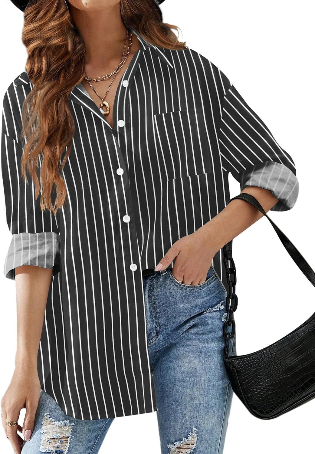 HOTOUCH Women Button down Striped Shirts Drop Shoulder Blouse Long Sleeve Oversized Shirt with Pocket