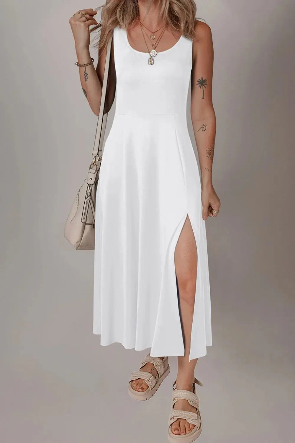 Side Slit Scoop Neck Wide Strap Dress.